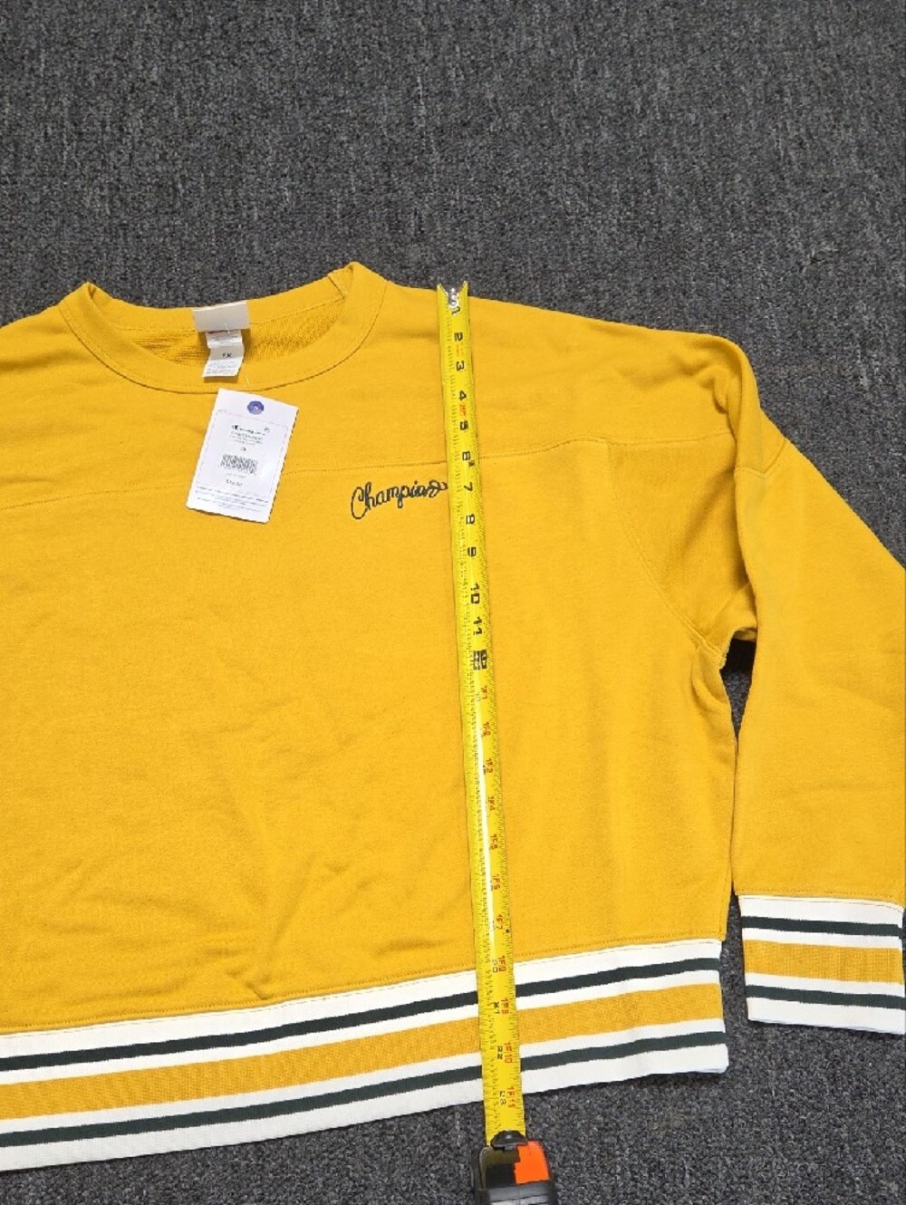 (#2C) Champion Mustard Yellow Crewneck Sweatshirt with Striped Hem - Picture 8 of 9